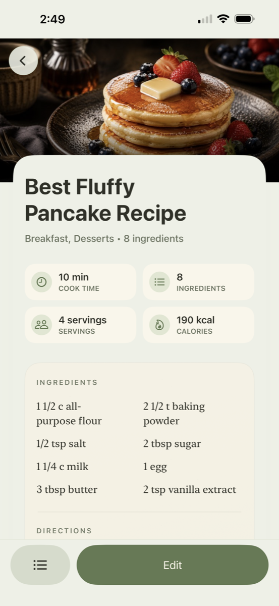 Luma List recipe detail screen showing a pancake recipe, ingredients, cook time, and servings